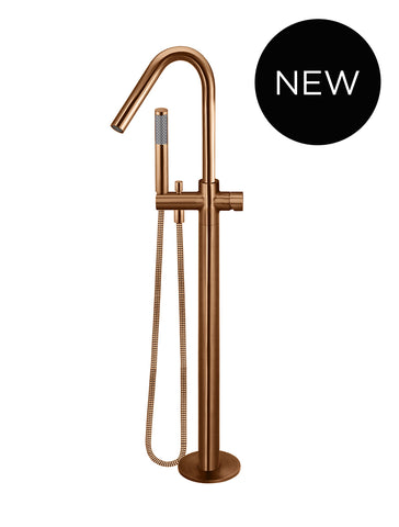 Round Pinless Freestanding Bath Spout and Hand Shower - Lustre Bronze