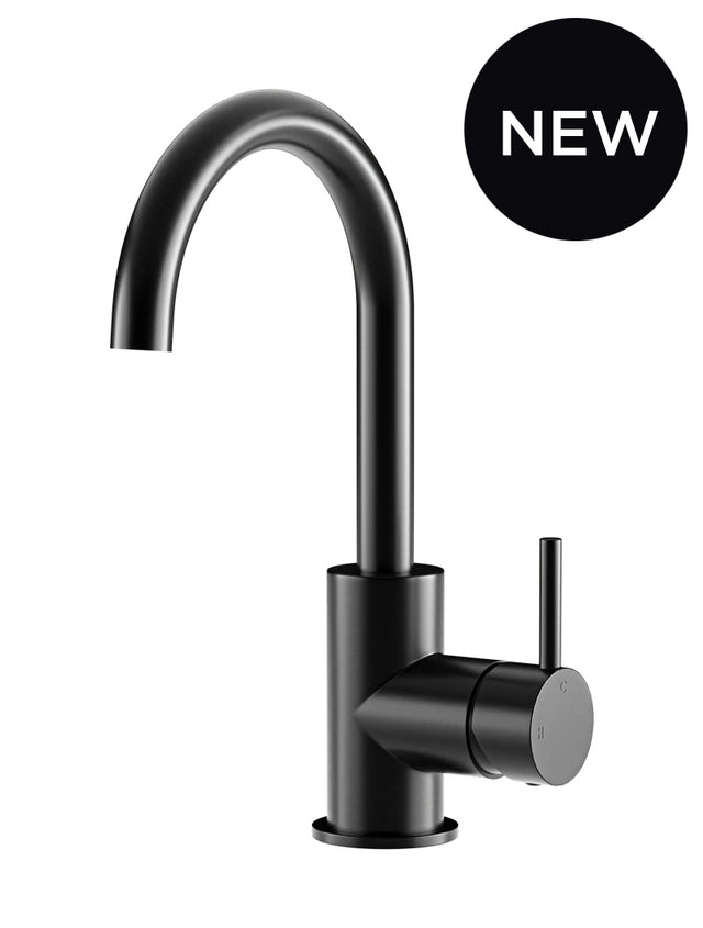 Round Gooseneck Basin Mixer with Cold Start - Matte Black (SKU: MB17) by Meir