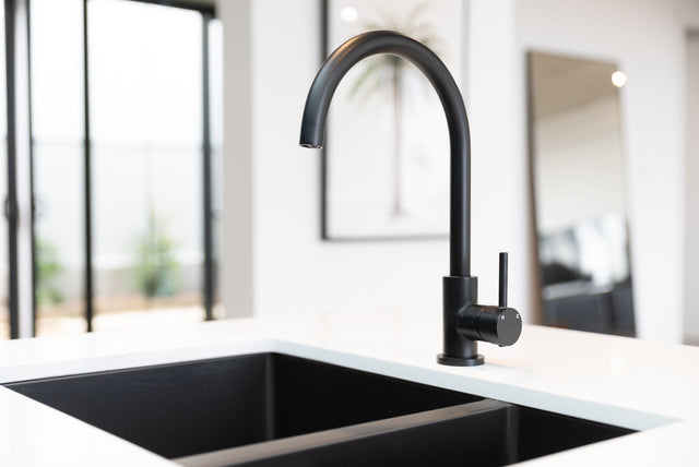 Round Gooseneck Kitchen Mixer Tap - Matte Black (SKU: MK03) by Meir