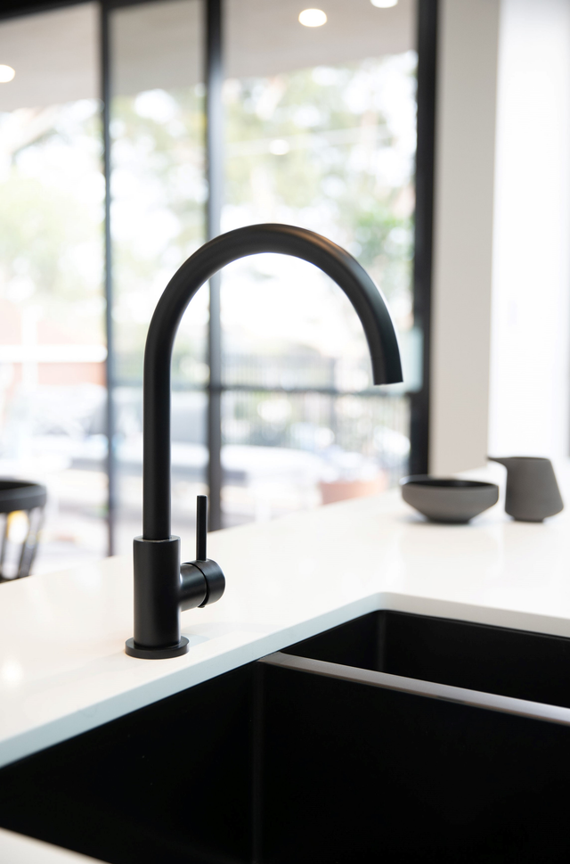 Round Gooseneck Kitchen Mixer Tap - Matte Black (SKU: MK03) by Meir