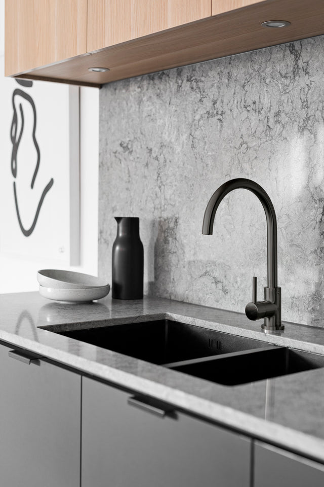 Round Gooseneck Kitchen Mixer Tap - Shadow Gunmetal (SKU: MK03-PVDGM) by Meir