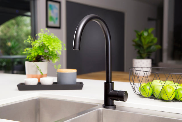 Round Gooseneck Kitchen Mixer Tap with Pinless Handle - Matte Black (SKU: MK03PN) by Meir